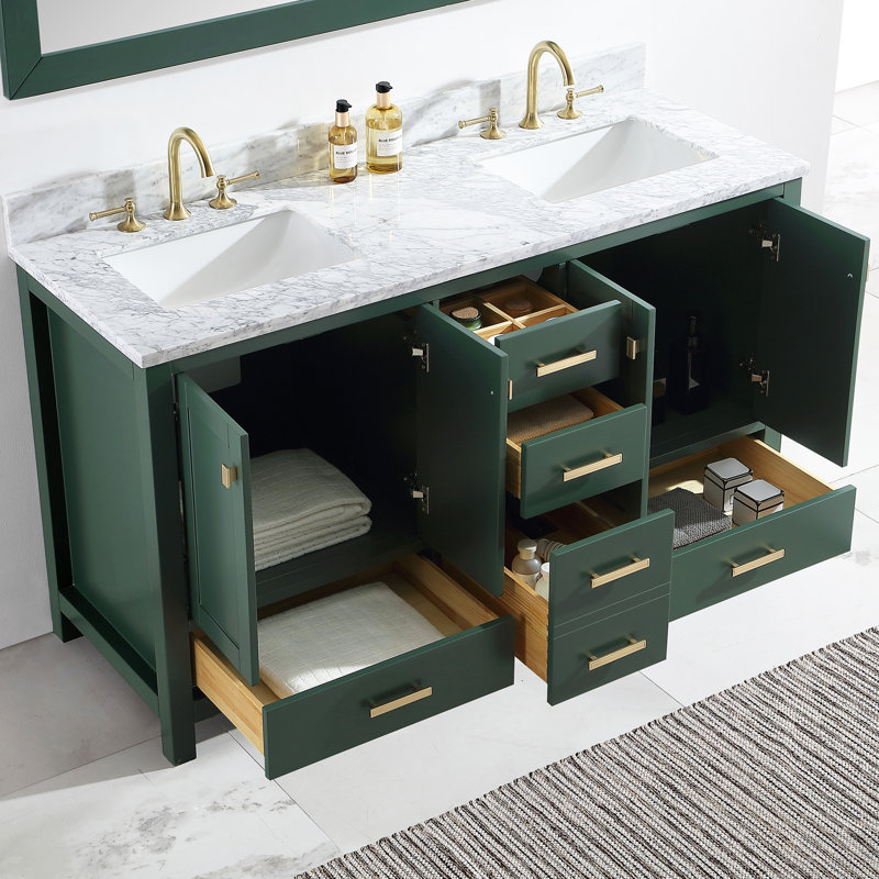 Ensemble de meuble-lavabo double 60 po avec comptoir et dosseret en marbre de Carrare italien blanc Covin, Vert, Doré