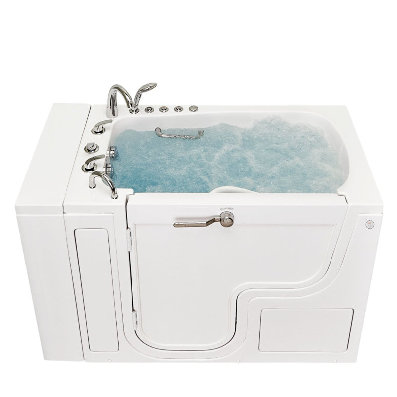 Ella Wheelchair Transfer 30"x52" Acrylic Air and Hydro Massage and Heated Seat Walk-In Bathtub with Left Outward Swing Door, 5 Piece Fast Fill Faucet, 2" Dual Drain