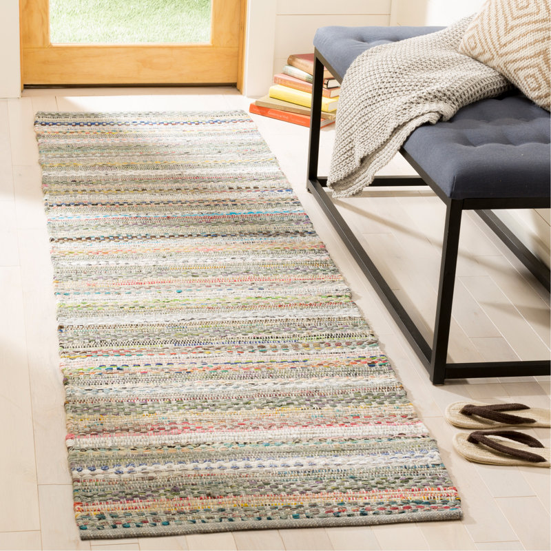 Tapis gris / blanc / brun en coton noué à la main Vesey, Tapis de couloir 2 pi 3 po x 8 pi