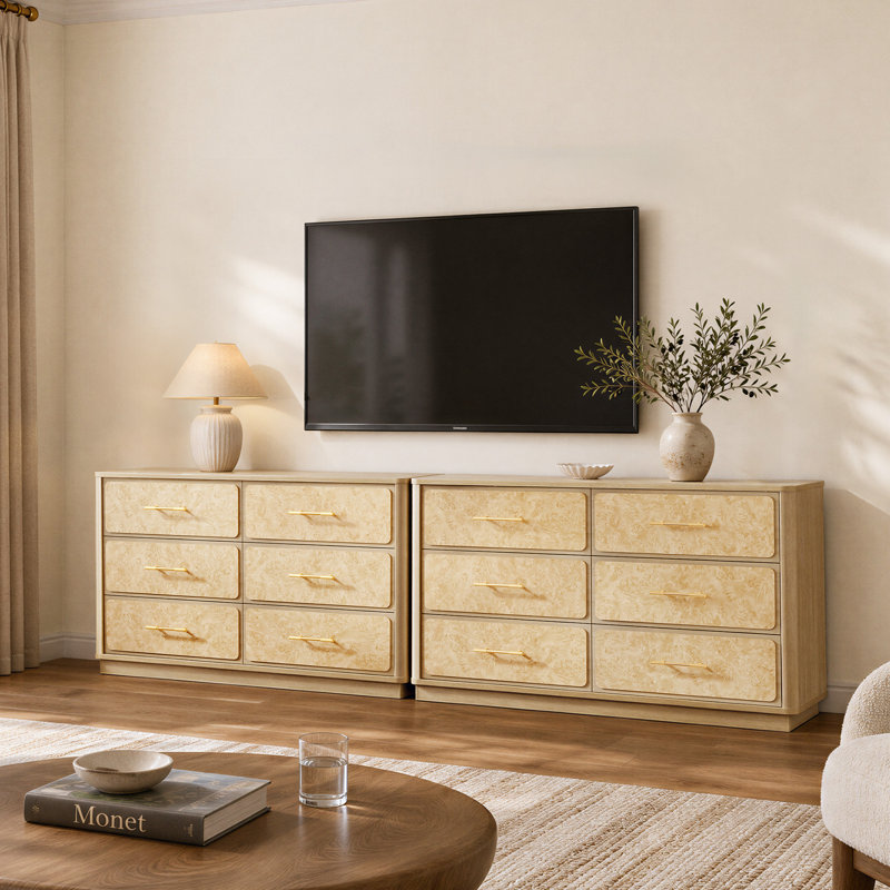 Commode double moderne à 6 tiroirs avec texture en faux bois et poignées dorées, Bois de ronce clair, 2