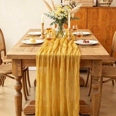 3Pcs Yellow Table Runner, 10FT Rustic Gauze Gold Table Runner 35*120inch Boho Table Runners for Wedding Bridal Shower Birthday Baby Shower Table Centerpiece Decorations