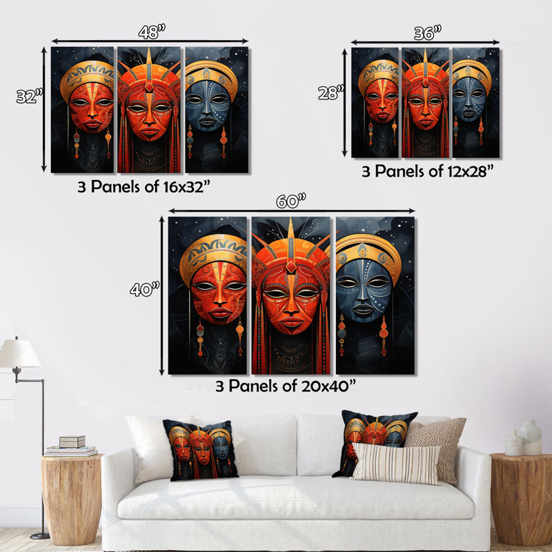 «Red African Masks II» sur toile, reproduction de 3 pièces, H 40 po x l 60 po x P 1 po