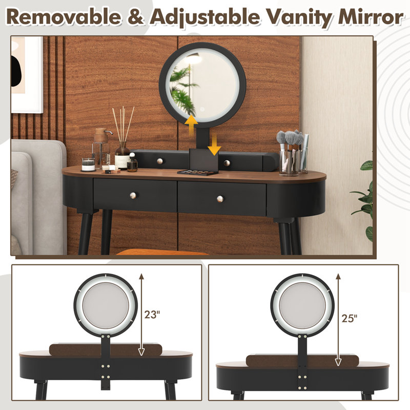 Ensemble de meuble-lavabo à miroir 4 tiroirs avec tabouret Kiree , Brun / Noir
