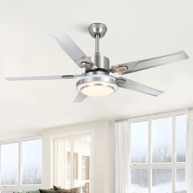 Tavin 5 - Blade LED Stainless Steel Ceiling Fan with Remote Control and Light Kit Included, 52"