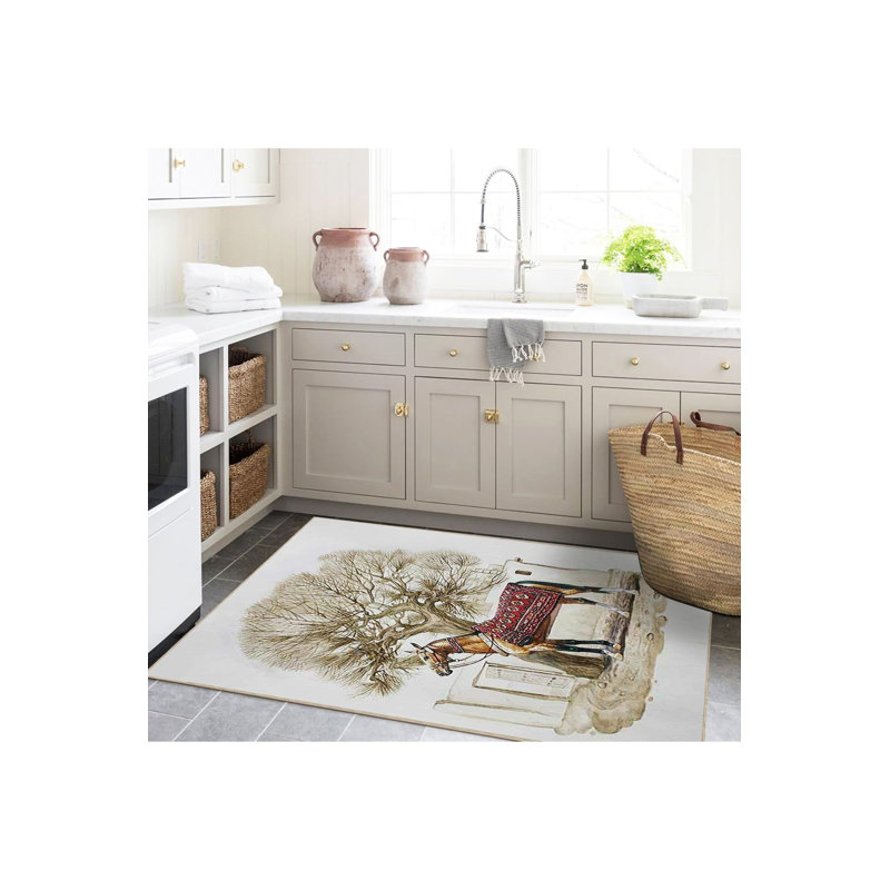 Tapis décoratif lavable à motif arbre et cheval, Sous-tapis rectangulaire 5 pi 1 po x 7 pi 7 po inc