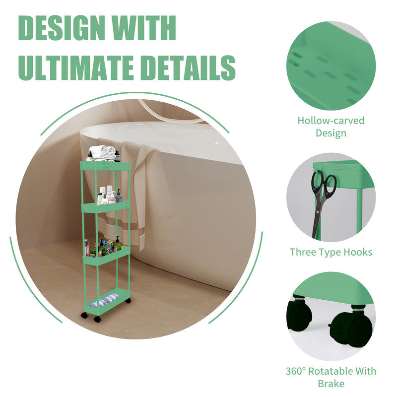 Ultra-thin Rolling 4-tier Storage Vehicle,Easy to Install & Durable,Mobile & Stable,Used for Storage in Small Spaces, Green