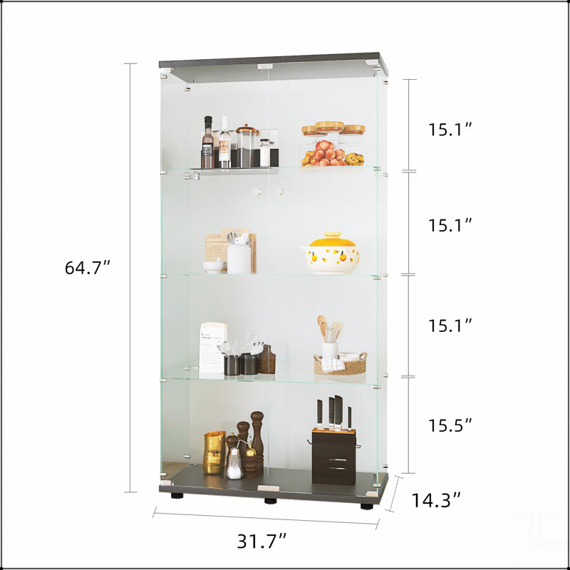 Vitrine à deux portes avec 4 tablettes vitrées et porte, Noir, noir, noir, noir