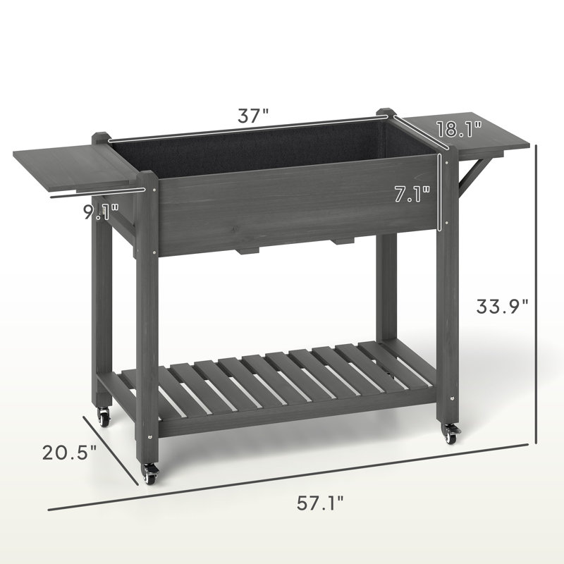 Wood Raised Planter Box, Elevated Garden Bed With Lockable Wheels, Side Tables, Bottom Shelf, Drain Holes, Gray, Gray