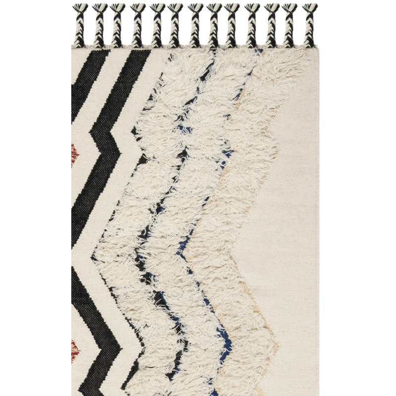 Ossineke Hand Knotted Wool/Cotton Southwestern Rug in Ivory/Black/Blue, Square 7'