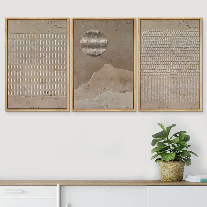 Geometric Line Grunge Geometric Minimalist Brown Abstract Frame Art 3 Piece Set - No Texture Graphic Canvas Print, Natural