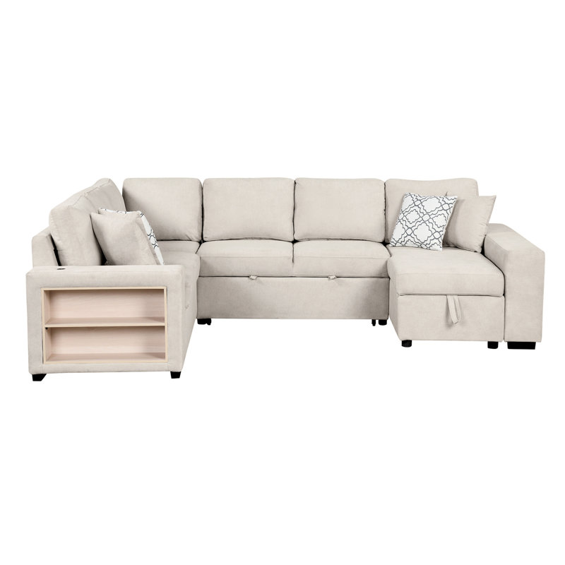 Beige With Convertible Design, & Spacious Storage Compartment 109" Sectional Pull-out Bed, Ports Space