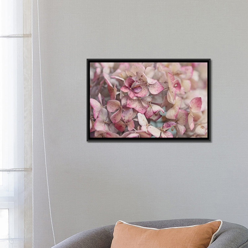 Hortensia rétro, impression sur toile, H 18 po x l 26 po x P 1,5 po, Toile avec cadre noir, Pas de tapis