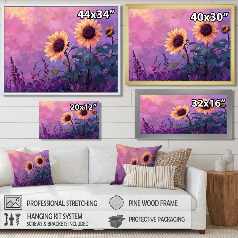 Donah, crépuscule mauve, teintes de coucher de soleil, champ de tournesols I - art mural de tournesols pour le salon, Blanc
