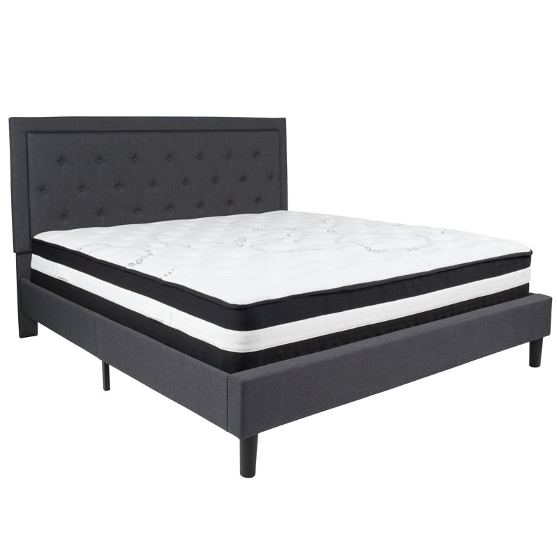 Aluino Panel Tufted Upholstered Platform Bed and Pocket Spring Mattress, Dark Gray, King