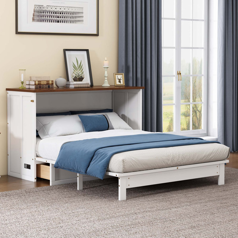 Commode lit escamotable en pin massif avec station de charge et grand tiroir de rangement, Double