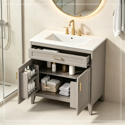 Meuble-lavabo de salle de bain avec comptoir de lavabo, portes doubles à fermeture en douceur et tiroir basculant
