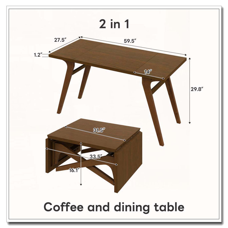 Table 2 en 1, table basse Transformer, table 2 en 1, table de salle à manger extensible, Walnut