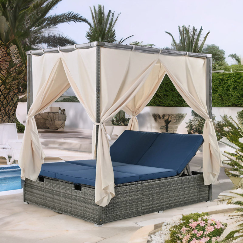 Arnger 79.48" Wide Outdoor Wicker Patio Daybed with CushionsU_Style Adjustable Sun Bed With Curtain,High Comfort,, Blue