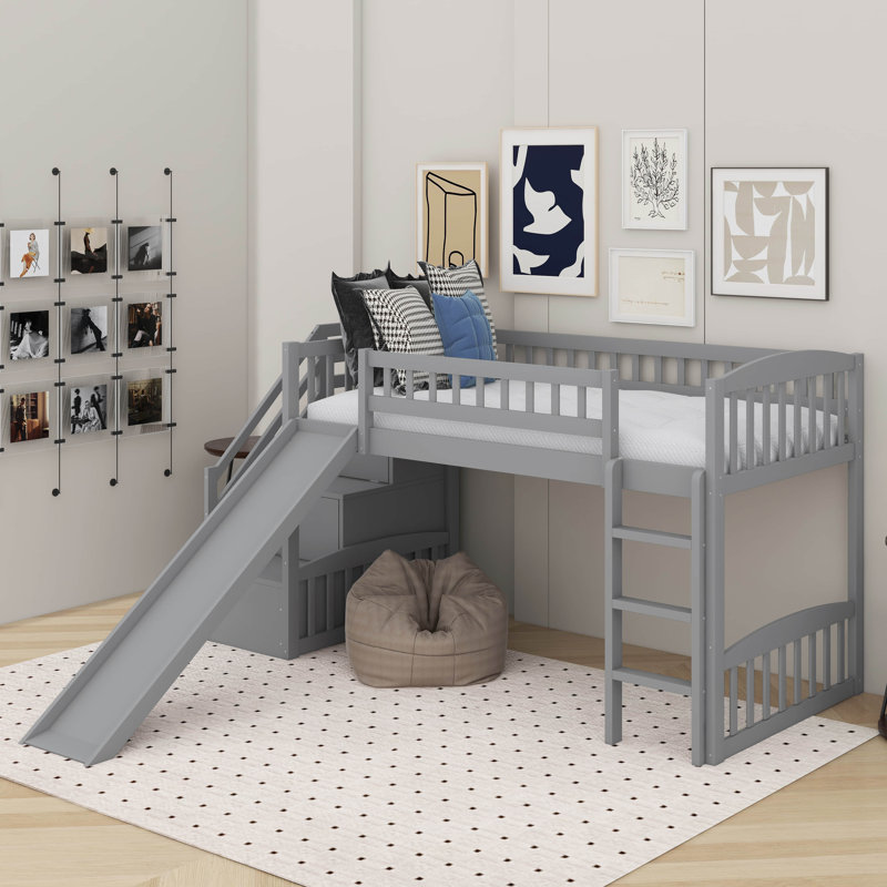 Lit mezzanine simple avec glissière Stairway, Gris