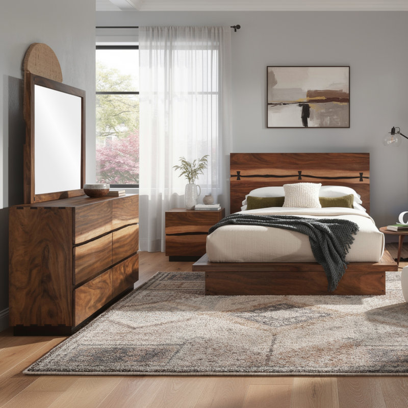 Ensemble de chambre avec grand lit 4 pièces Zeko, base de socle, bord vif, brun noyer fumé, Grand lit