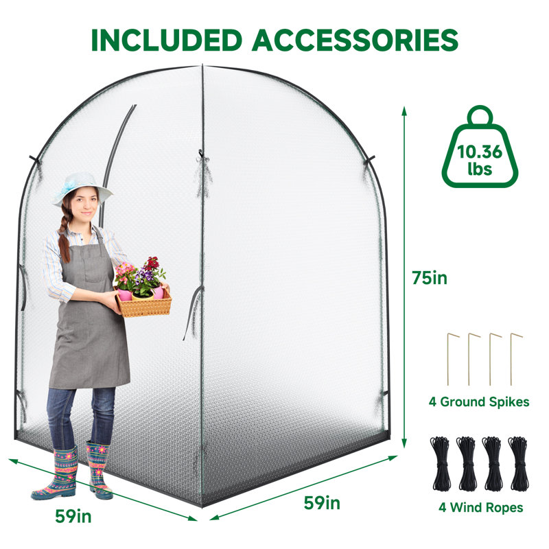Portable Walk-In Greenhouse For Outdoors, With Durable Bubble Film Cover And Zippered Door, 75" H x 59" W x 59" D