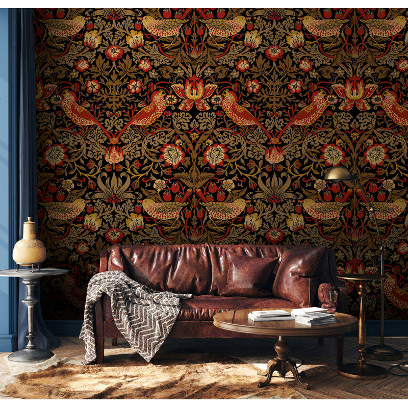 Papier peint damassé rétro avec motif floral noir et rouge, L 115 po x l 225 po