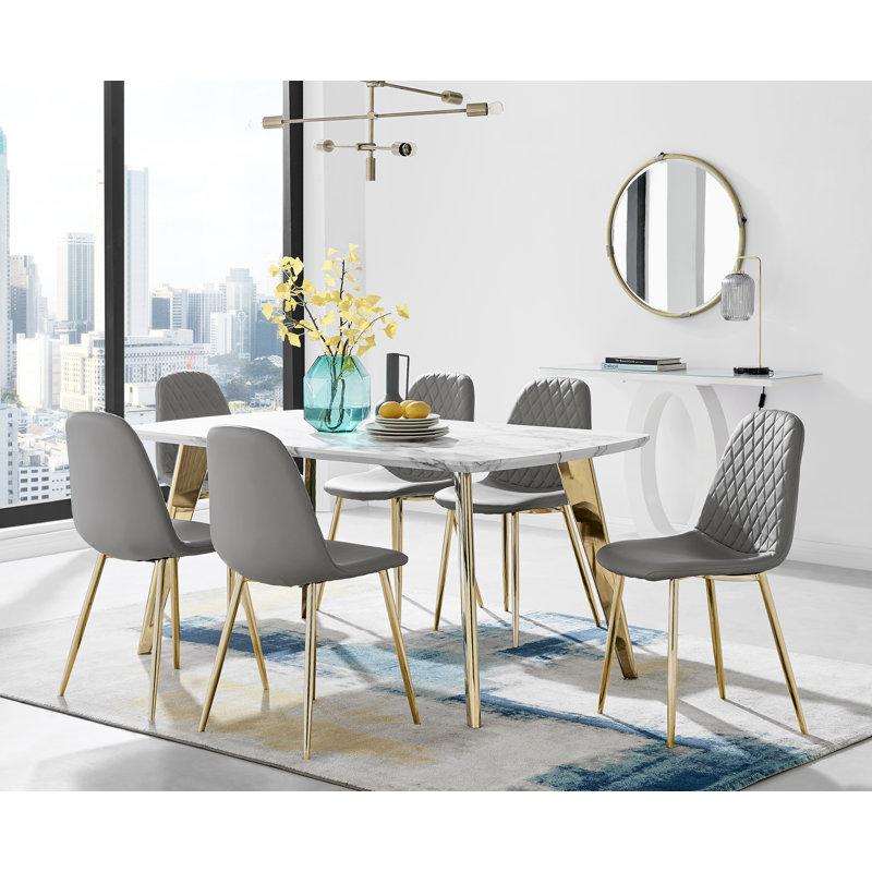 Anders Modern High Gloss Marble Effect Dining Table Set with 6 Luxury Faux Leather Dining Chairs, White/Gold, Gold