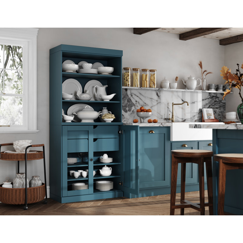 Garde-manger 100% bois massif Kaniesha 32 po avec portes en verre transparent, 2 tiroirs et tablettes réglables, Teal