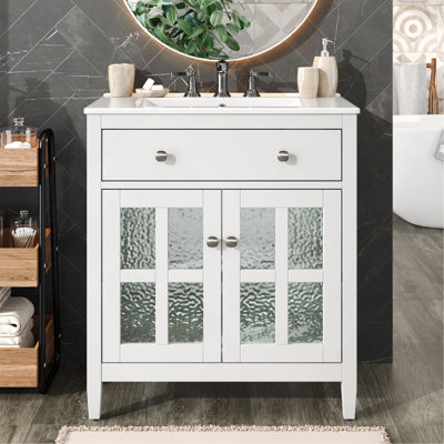 Meuble-lavabo de 30 po avec lavabo en céramique, tablette réglable et plateau basculant, meuble-lavabo avec pieds en bois massif, poignées en métal argenté et charnières à fermeture douce, blanc