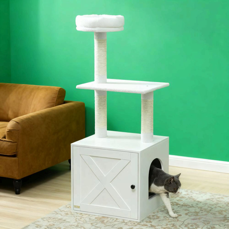 Arbre à chat blanc avec bac à litière