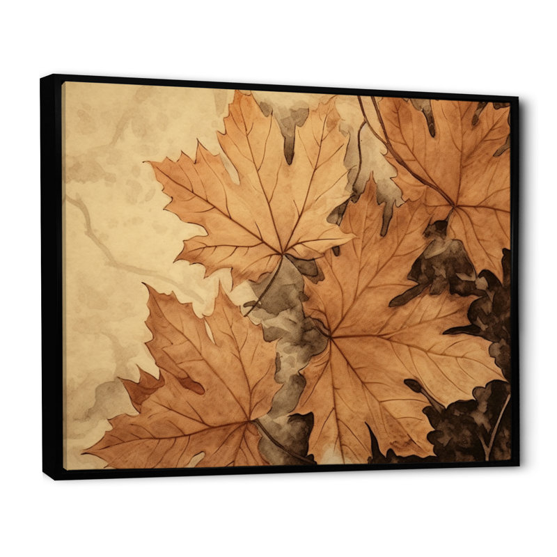 «Brown Beige Leafs Harmony I», reproduction sur toile, H 34 po x l 44 po x P 1,5 po, Cadre flottant noir