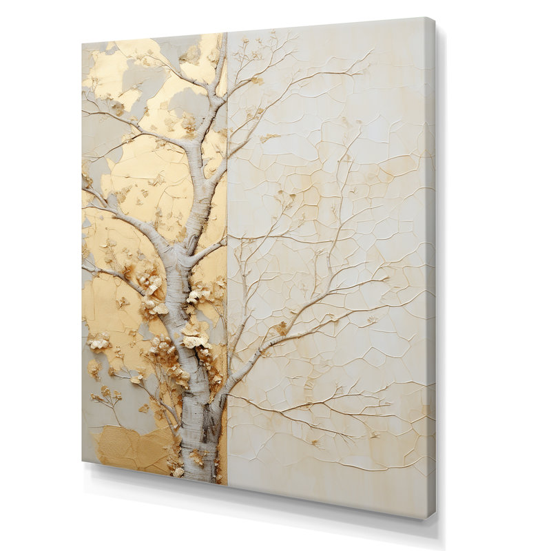 Gold And Beige Tree Amercian Basswood - Tree Amercian Basswood Wall Art, Wrapped Canvas, 32" H x 16" W x 1" D