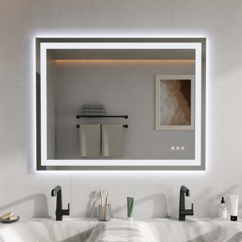 Miroir de salle de bain à DEL avant et rétroéclairé de 48 po x H 40 po - antibuée, lumière tricolore à intensité variable, capteur tactile, fixation murale horizontale / verticale