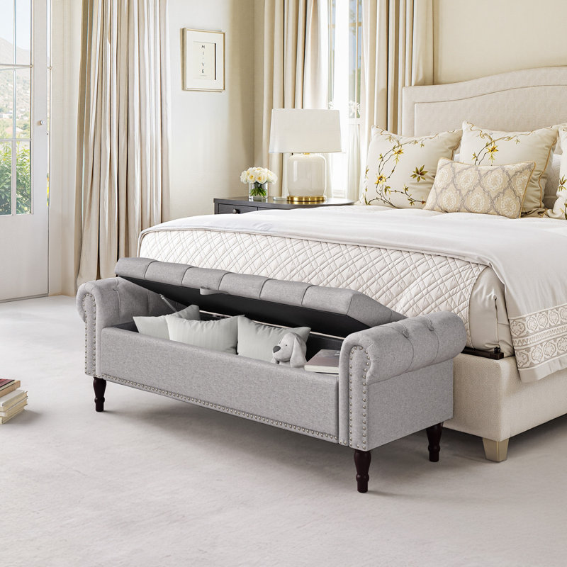 Banc de rangement rembourré Dawsey, H 20,7 po x l 62,4 po x P 20,1 po, Lin gris pâle