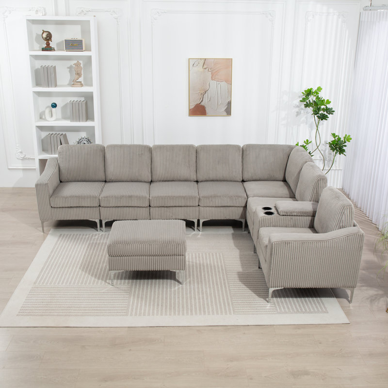 Ensemble de canapé modulaire rembourré en velours côtelé, Velours côtelé gris, H 35,43 po x l 106 po x P 95,67 po