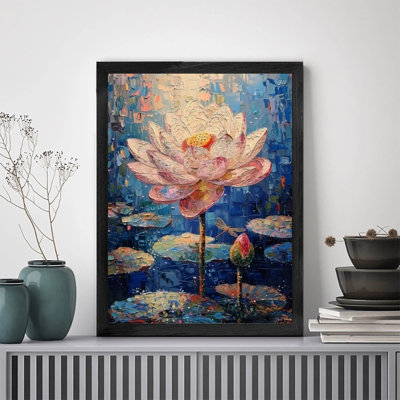 Reproduction d'art encadrée pour décoration intérieure moderne Fleur de lotus blanc Fond bleu Image encadrée pour la décoration murale Cadre en bois massif noir inclus