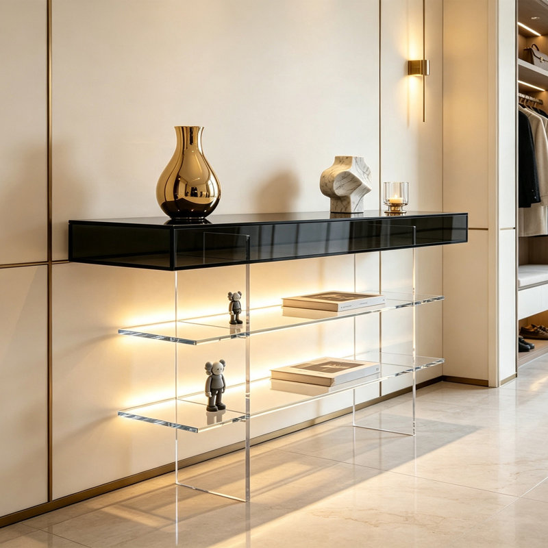 Console en acrylique noir fumé, H 29,53 po x l 47,24 po x P 11,81 po