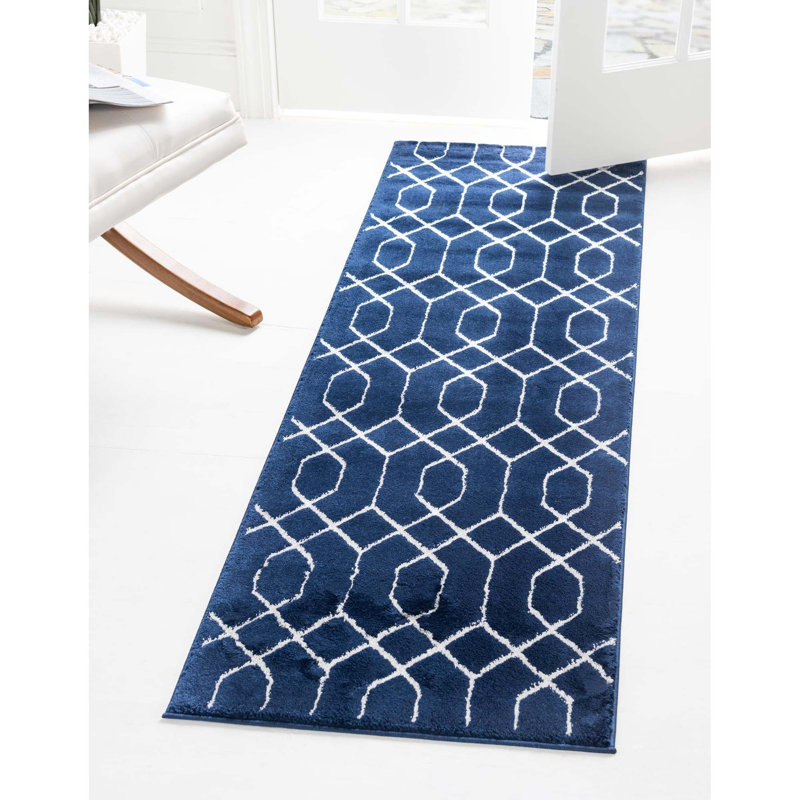 Glam Navy Blue Silver Area Rug, Runner 2'7" x 12'