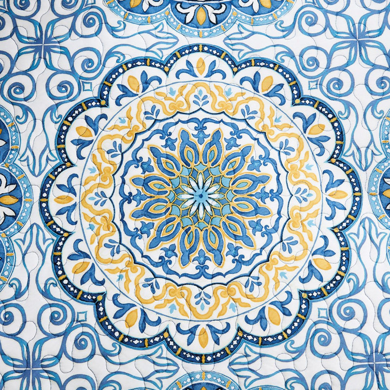 Housse de lit de jour réversible 6 pièces - bleu, avec grand imprimé en médaillon et revers rayé, pour matelas simple, housse, 1, 3 taies décoratives, coussin décoratif, lavable à la machine en bleu