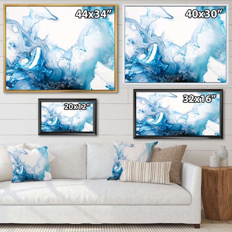 Encre bleu clair, art liquide I - impression sur toile, H 35 po x l 45 po x P 1,5 po, Cadre érable