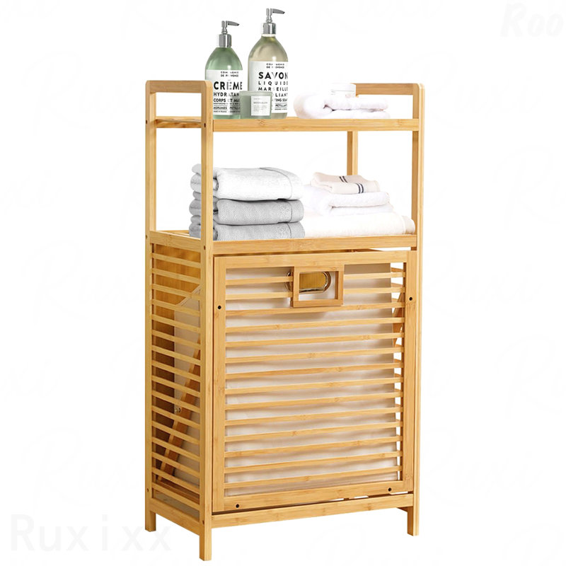 Bamboo Laundry Hamper with 2-Tier Shelves & Tilt-Out Basket