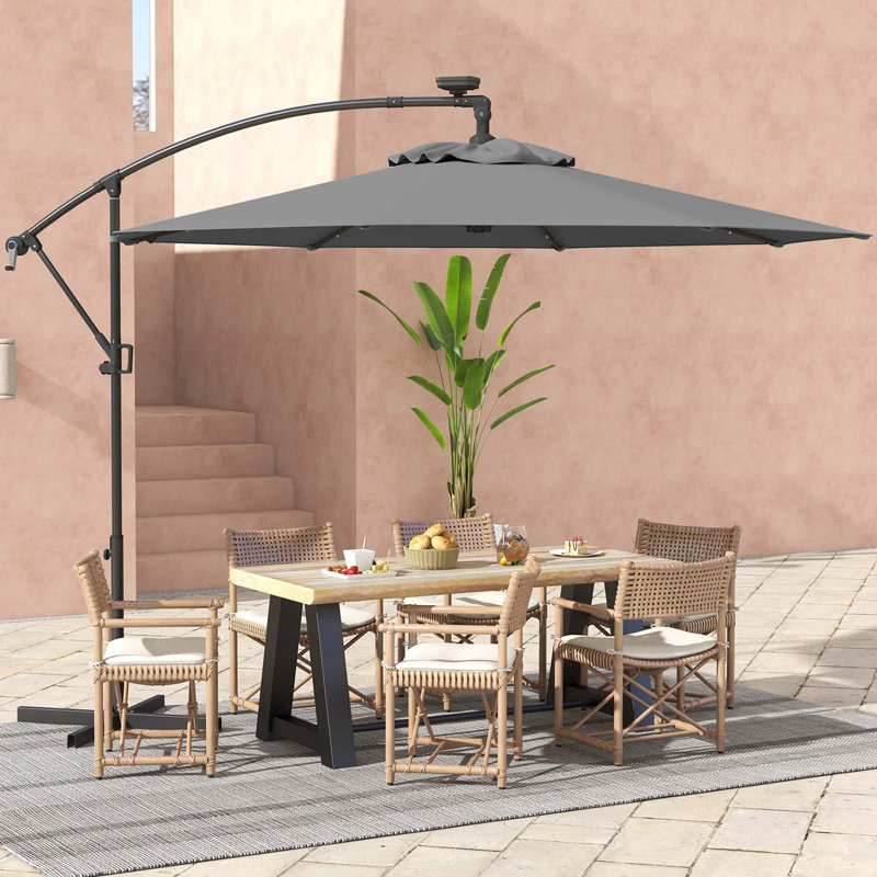 Parasol de terrasse décalé 10 pi avec parasol solaire à DEL 360 ° rotatif gris