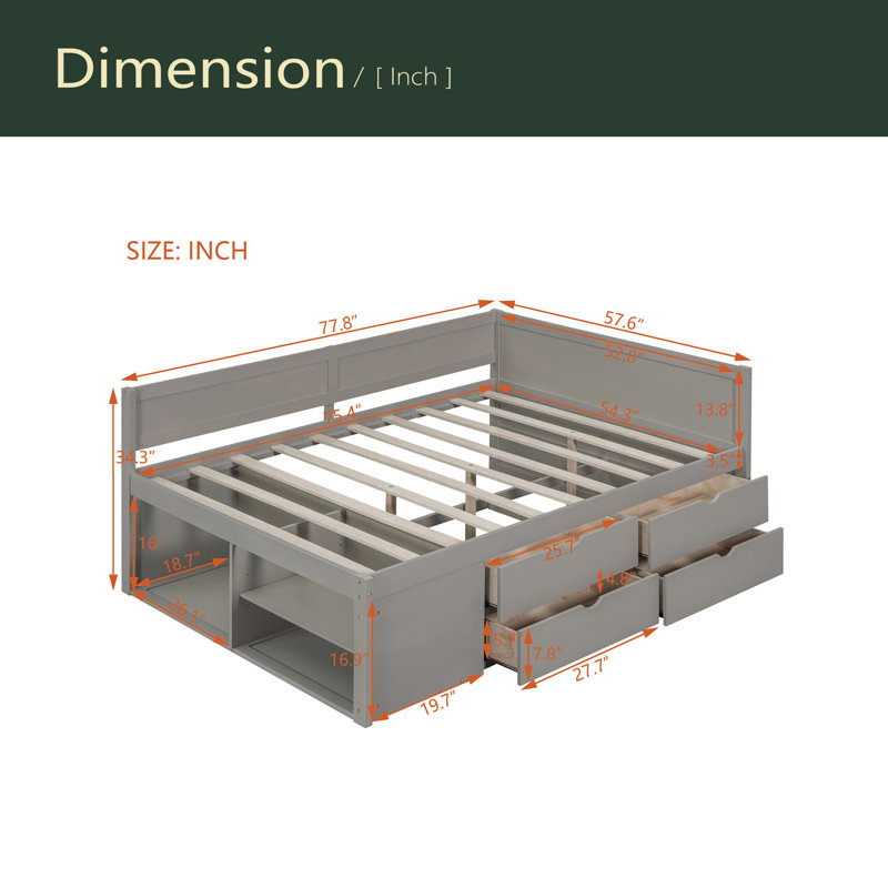 Daybed With Drawers And Shelves, Gray, Full