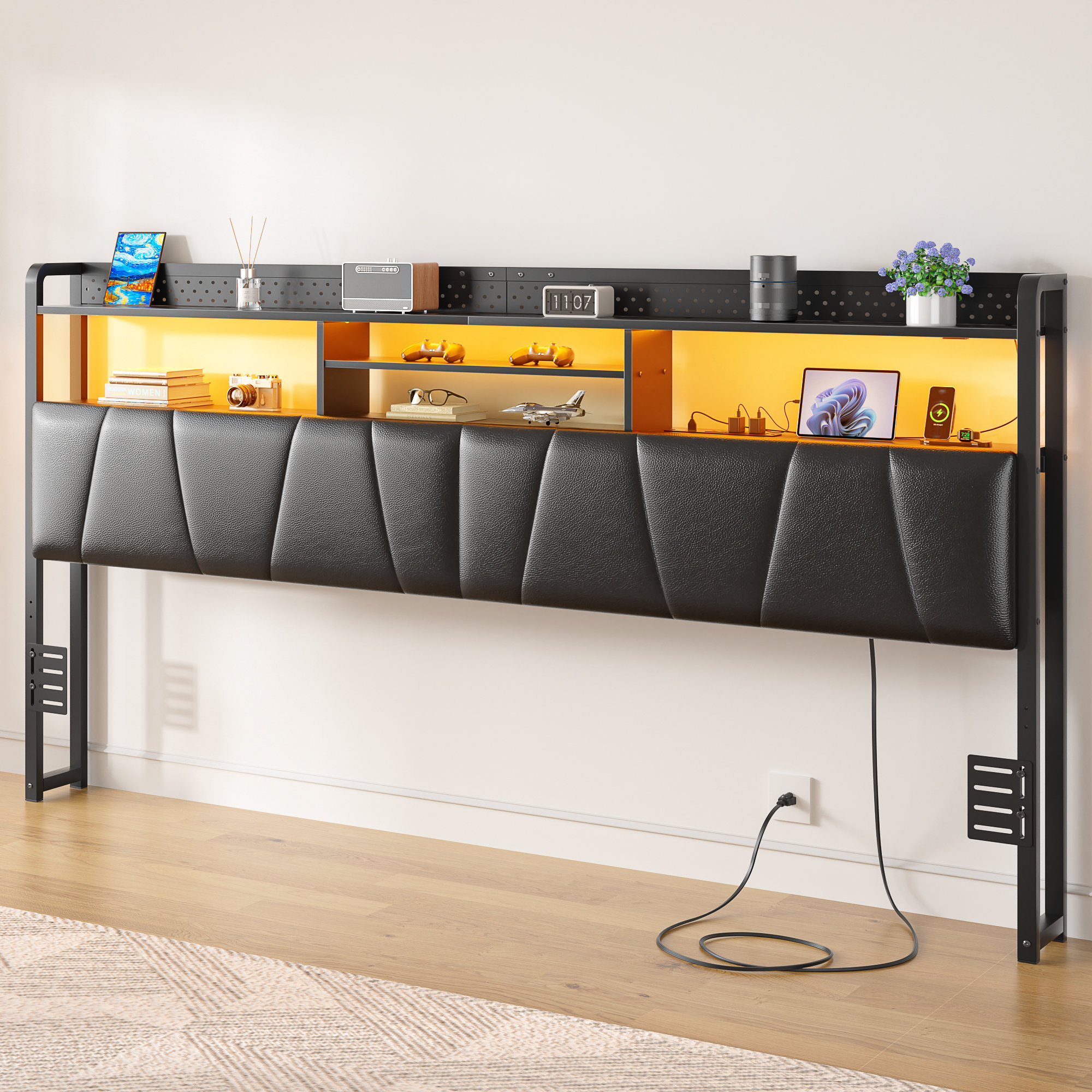 Wrought Studio™ Storage Upholstered PU Headboard With LED Lights ...