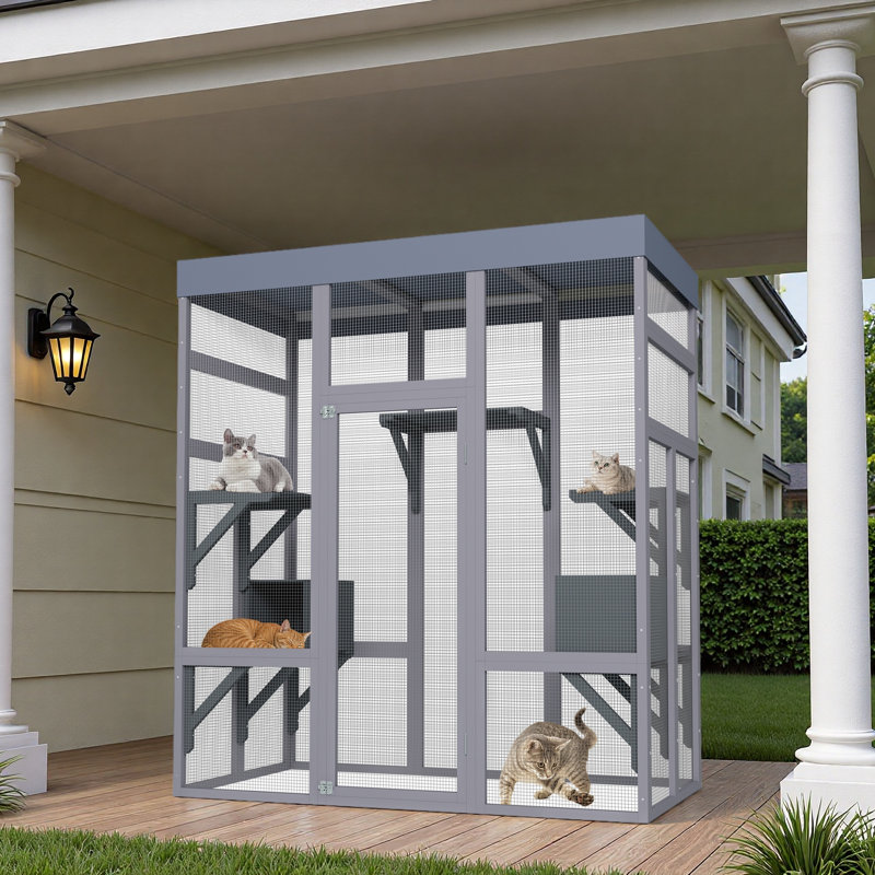 Cage d'extérieur en bois 62,6 po pour chats, grand enclos pour chat avec toit imperméable, 2 cabanes