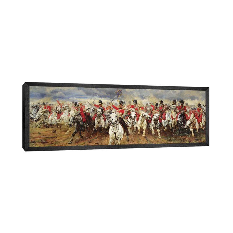 Scotland For Ever! 1881 by Lady Butler - Panoramic Painting on Canvas, Black Framed, 30.48cm H x 91.44cm W x 3.81cm D