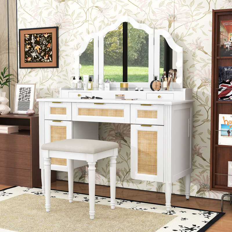 Makeup Vanity Desk with Tri-Fold Mirror, LED Bulbs, Cabinets, Charging Station and Stool, White