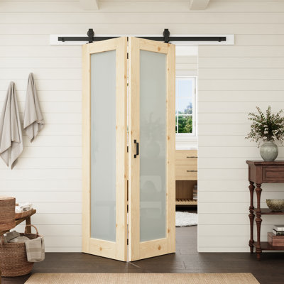 Porte en pin massif vitrée dépolie 48 po x 80 po avec quincaillerie pour portes pliantes de style grange, idéale pour le garde-manger et le placard.