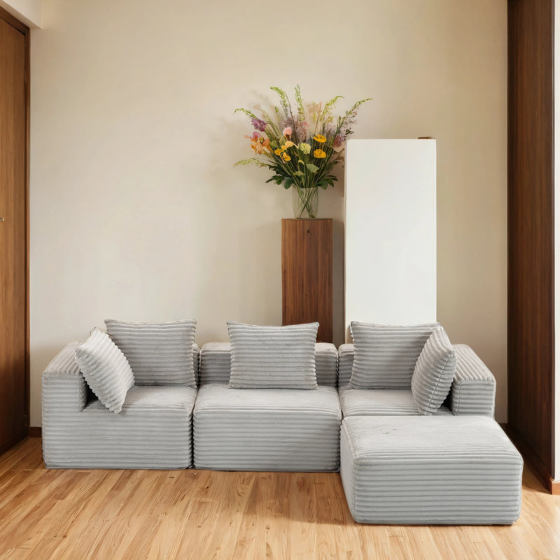 Un tissu en velours côtelé doux et durable recouvre l'ensemble modulaire., Gris clair