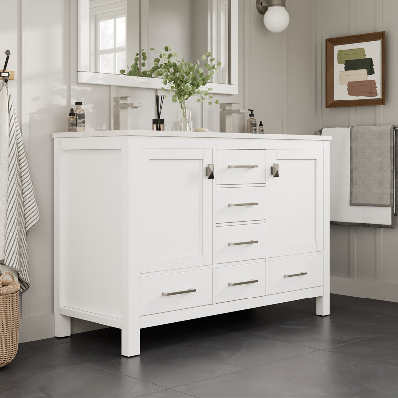 Eviva London 48"W X 18"D Double Sink Bathroom Vanity With White Carrara Quartz Countertop And Undermount Porcelain Sinks, 48"